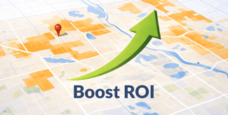Map graphic showing land parcels and an upward arrow labeled Boost ROI