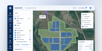 GIS mapping of a solar lease area with solar array layouts, lease boundaries, interconnection lines, substations, and project layer controls.
