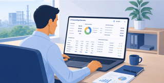 Managing partner reviewing joint venture accounting data on laptop for financial analysis and reporting