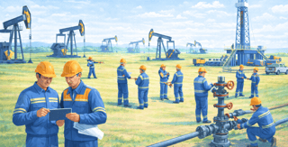 Oilfield workers managing payroll, contractor coordination, and field operations across multiple drilling sites.