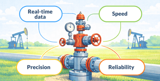 Oil and gas wellhead illustrating real-time production data capture with speed, precision, and reliability using digital field operations software