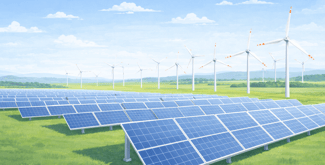 Solar panels and wind turbines on open land at a renewable energy site