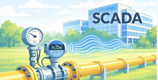 SCADA-integrated oil and gas pipeline showing real-time flow measurement and digital data transmission from the field to the back offic
