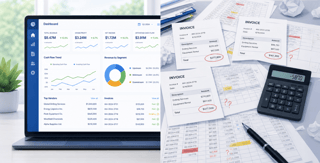 Modern, streamlined accounting dashboard enabling efficient financial operations against disorganized invoices and spreadsheets showing financial discrepancies