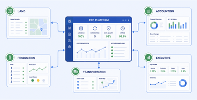 Integrated ERP workflow connecting accounting, production, land management, and executive reporting.