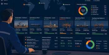 Infographic of the production manager analyzing day-to-day metrics such as production allocation, production variance, assets health,etc for improvement