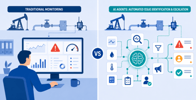 Comparison of traditional production dashboards and agentic AI automation in oil and gas operations.