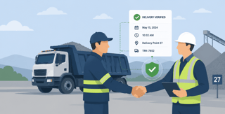 Smartphone showing delivery verification with electronic signature, GPS location, timestamp, vehicle information, and completed status for logistics.