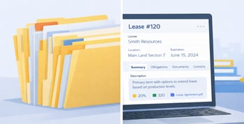 Comparison of manual paper files versus modern digital land records management software on a laptop.