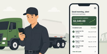 A truck driver using a mobile app to track loads and earnings, illustrating improved driver satisfaction.