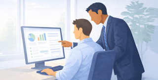 Team members collaborating and reviewing work on a computer.