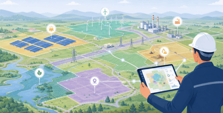 Energy asset manager using a digital mapping platform to evaluate renewable energy projects, land parcels, transmission networks, and infrastructure development opportunities.