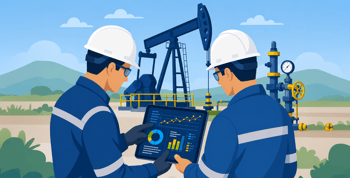 Two field engineers at the oilfield, reviewing production data together to make the best data-driven decisions