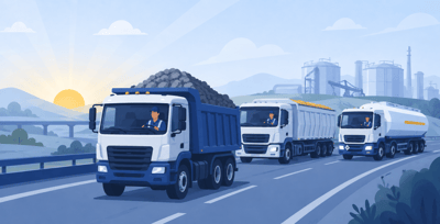 fleet trucks transporting bulk commodities on a highway as part of a digital fleet management and logistics operation.