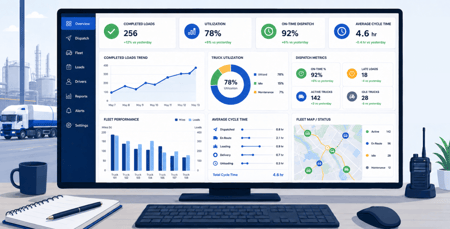 Transportation analytics dashboard showing fleet utilization and dispatch performance