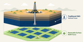Infographic comparing vertical mineral extraction focus with the contiguous horizontal surface requirements for solar Right-of-Way (ROW).