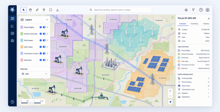GIS map displaying integrated management of wind, solar, and mineral rights.