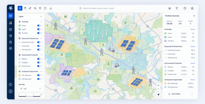 Interactive GIS map displaying renewable energy assets, land ownership, easements, transmission corridors, environmental constraints, and wind and solar development opportunities.