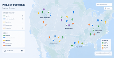 Interactive GIS project portfolio map displaying energy development projects across the United States by development stage and power potential, helping developers evaluate and prioritize site opportunities.