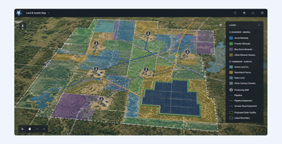 GIS map displaying overlapping mineral rights, surface ownership, and renewable energy development.