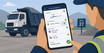 site worker digitally verifying a delivery with a driver using a tablet, showcasing electronic proof of delivery, delivery confirmation, logistics tracking, and supply chain management.