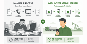 A comparison of manual paper hauling tickets versus a streamlined digital dispatch and billing platform.