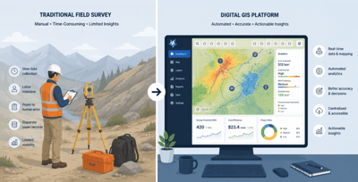 Comparison of traditional field surveys and a digital GIS platform showing how GIS data improves early site selection with real-time mapping, automated analytics, and better decision-making for energy and infrastructure developers.