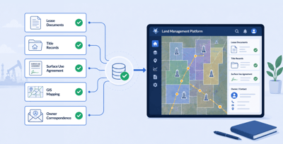 Integrated land records management workflow connecting title documents, GIS mapping, and owner relations.