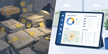 A visual comparison of manual paper-based land records versus a unified mineral rights management platform.
