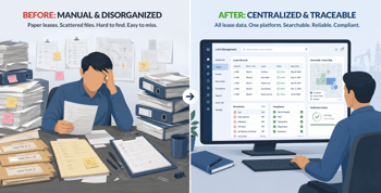 Lease management software dashboard replacing manual paper-based lease administration processes with centralized records, document management, and compliance tracking.