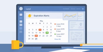 Land management software dashboard displaying automated alerts for upcoming lease renewals and obligations.