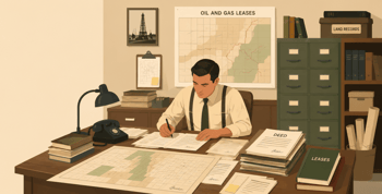 Historical landman reviewing paper maps and legal documents.