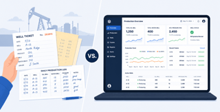 Paper well tickets and production logs compared with a digital oilfield production monitoring dashboard.