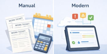 Infographic comparing manual paper tickets versus automated production data management software.