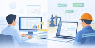 Comparison of manual production reporting versus real-time production data dashboards.