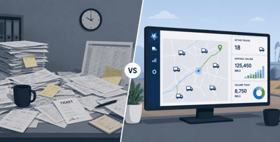 Comparison of manual water hauling dispatch and automated real-time transportation management workflows.