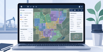 Modern GIS map displaying property boundaries, wells, pipelines, and ownership data.