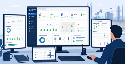 Oil and gas ERP accounting dashboard displaying financial reporting, production analytics, asset management, compliance monitoring, and operational performance metrics.