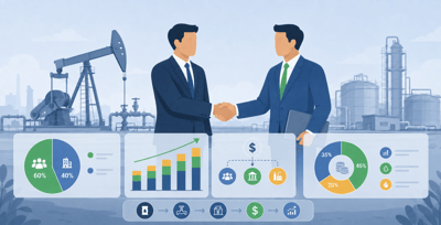 Business professionals shaking hands in front of an oil refinery with financial charts illustrating the comparison between oil and gas accounting and traditional accounting.
