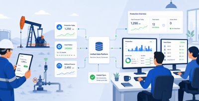 Unified oil and gas production data platform synchronizing wellsite data with back-office operations, providing real-time production monitoring, asset performance tracking, and operational reporting dashboards.