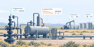 Oilfield production equipment with real-time monitoring, declining production trend, asset alert, and predictive maintenance insights.