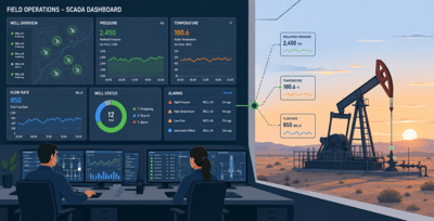 Oilfield SCADA dashboard displaying real-time well monitoring data, including pressure, temperature, flow rate, well status, alarms, and production metrics connected to a pumpjack operation.