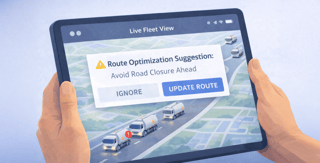 A mobile tablet displaying real-time fleet tracking and automated rerouting alerts in the oilfield