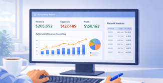 Controller reviewing real-time petroleum accounting software dashboards