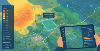 Renewable energy site selection map with solar and wind resource analysis.