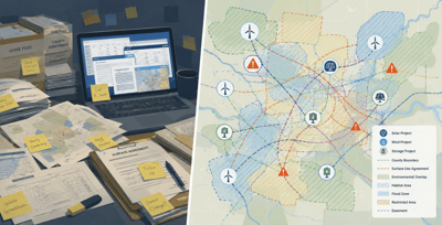 Split-screen illustration showing renewable energy land management and project siting, with lease agreements and land records on one side and a GIS constraints map displaying solar, wind, storage projects, easements, environmental overlays, and restricted areas on the other.