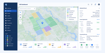 Land management software dashboard used for renewable energy project development.