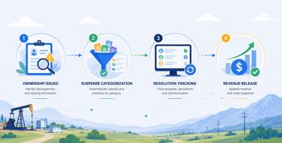 Automated oil and gas revenue suspense workflow from issue identification through resolution.