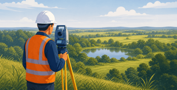 Illustration of a land surveyor at a site evaluating a land before lease signing