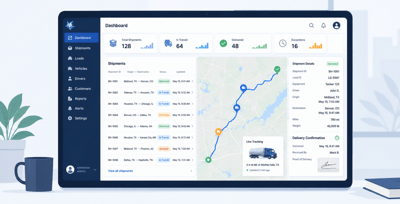 Modern TMS software interface showing live shipment tracking, route monitoring, delivery confirmations, and transportation status updates